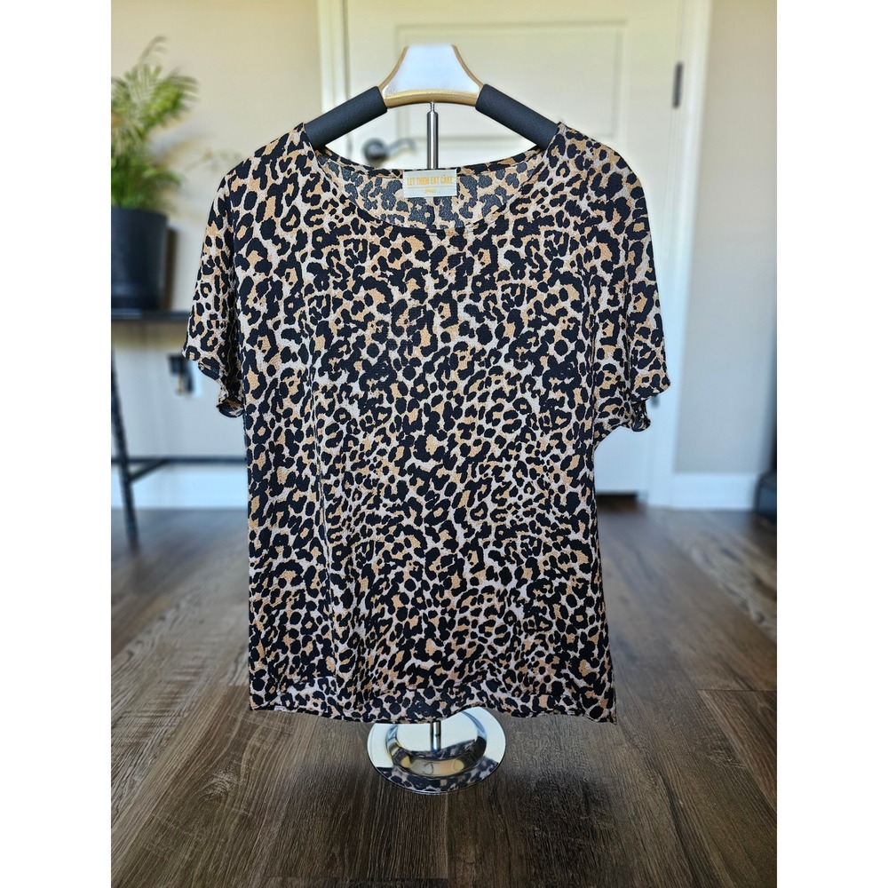 Let Them Eat Cake Leopard Print Short Sleeve Blouse Brown Tan‎ Black Small